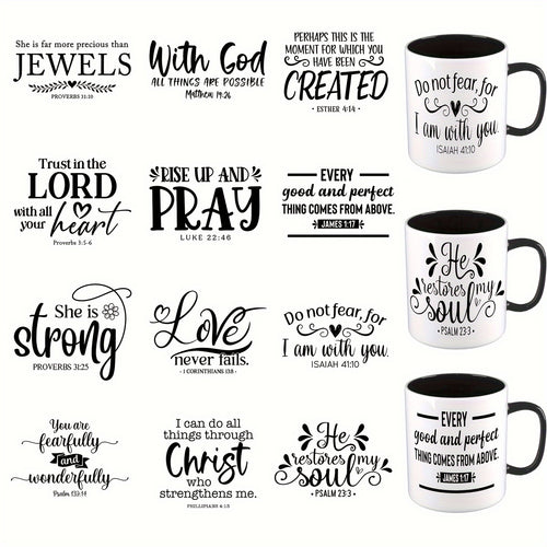 12pcs/set Inspirational Bible Verse DTF Transfer, High Adhesion, Suitable for Coffee Cups, Glass Jars, Ceramic Bottles, Laptops, and Phones, Unique Verse Designs, Cup Packaging