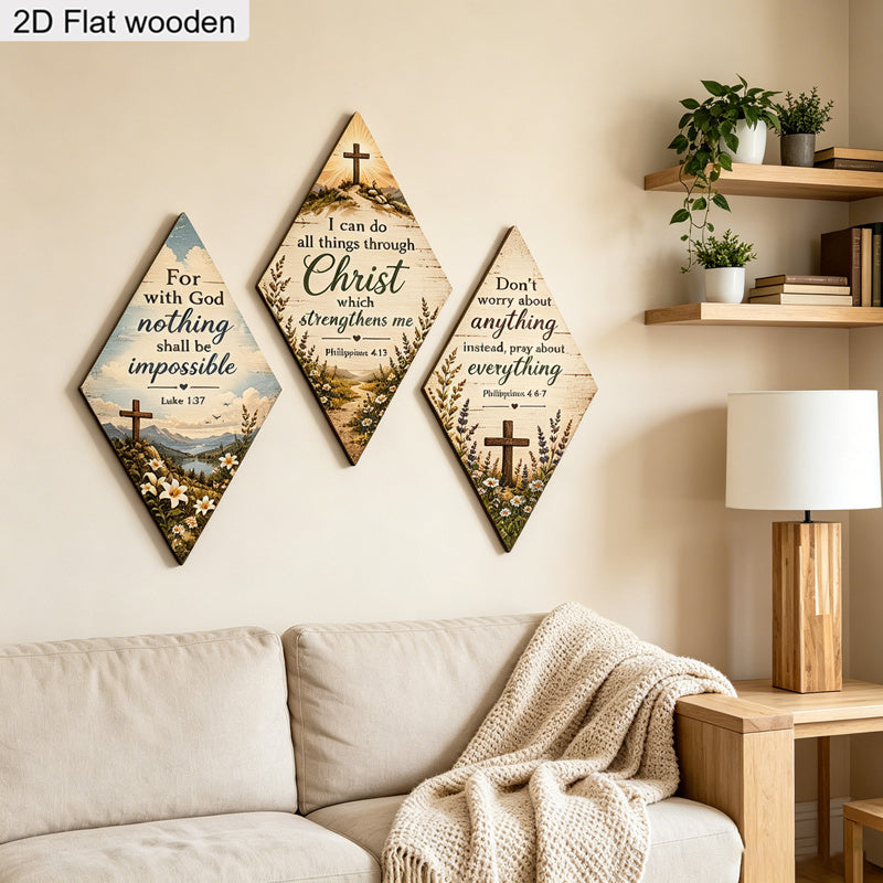 2D Flat, 3pcs/Set Philippians Bible Verse Cross Floral Wooden Wall Art Sign, Rhombus Christian Religious Wall Decor Plaque, Living Room Church Wall Hanging Decorations, Christmas Gift
