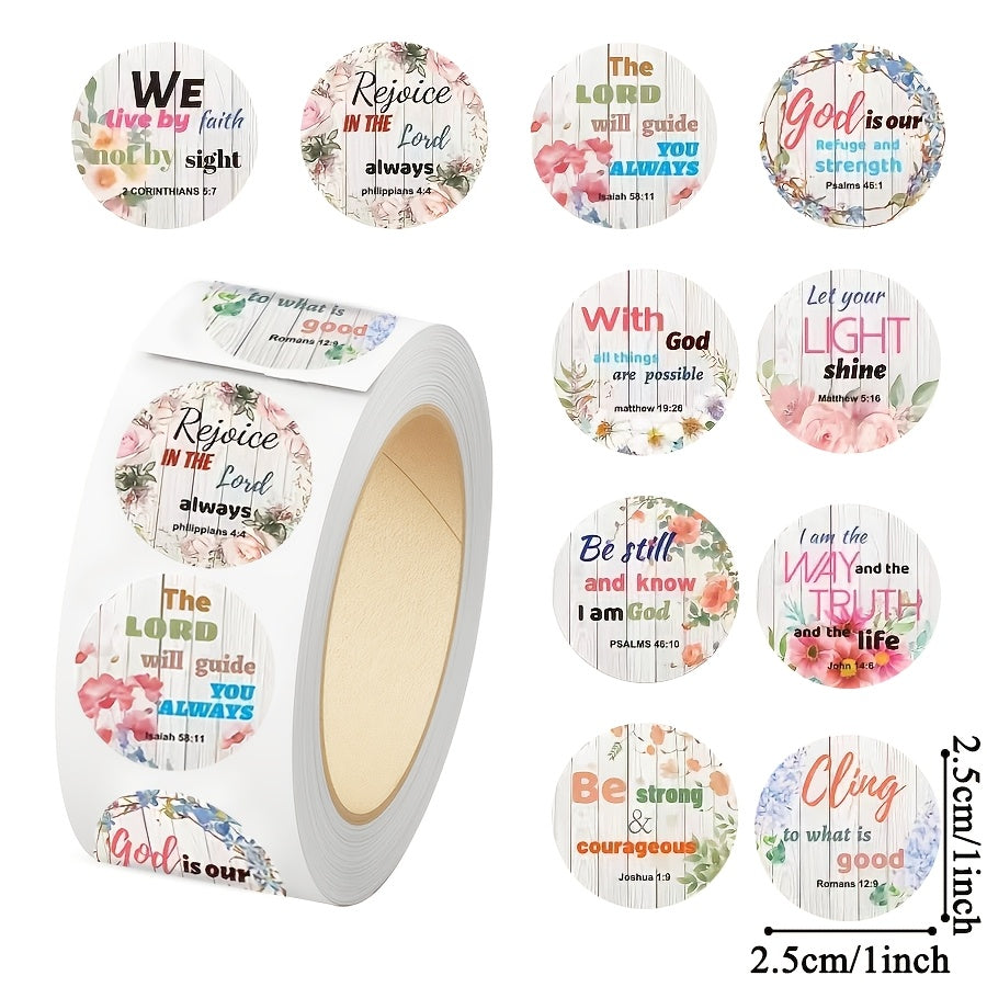 500pcs Faith Verse Stickers Roll -Inspirational Religious Quote Labels with Floral Rustic Style for Gift Packaging, Envelope Sealing, Journals, Scrapbooking and Decorative Use