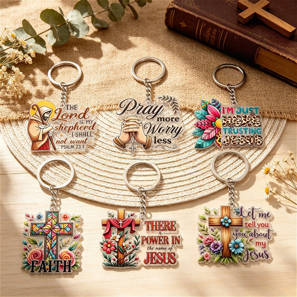 2D Flat, 2D Flat 6pcs Cross Blessing Keychain Set, Bohemian Style Pendant, Couple Keychains, Unisex, Car Keychains, Backpack Charms, Suitable for Daily Use, Prayer, Weddings, Baptisms, And Church. Blessing Gift